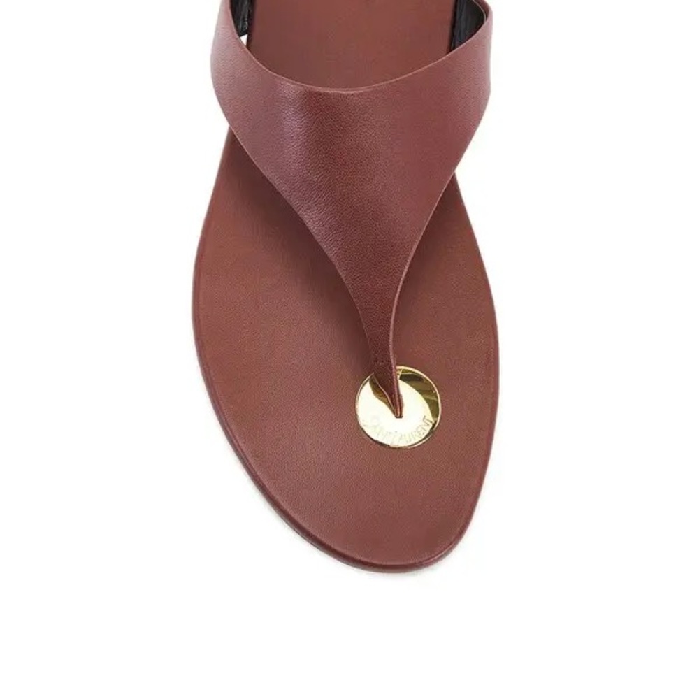Saint Laurent Brown Leather Thong Sandal with Gold Disc